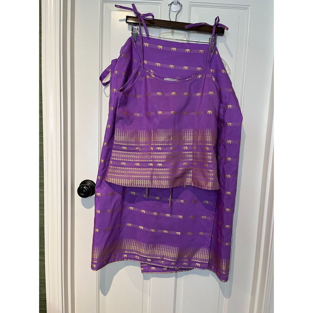 Vintage Thai Silk 2 Piece Set Purple Gold Elephant Tank Skirt Size L Thailand